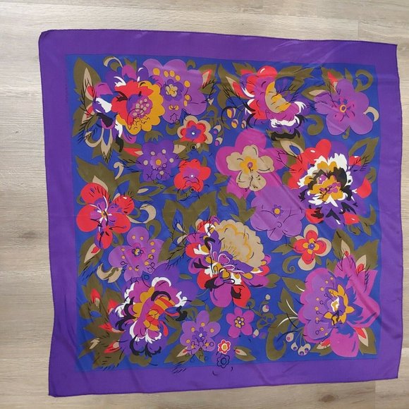 Adrienne Vittadini Purple Square Scarf 100% Silk Floral Print EUC - Picture 4 of 6